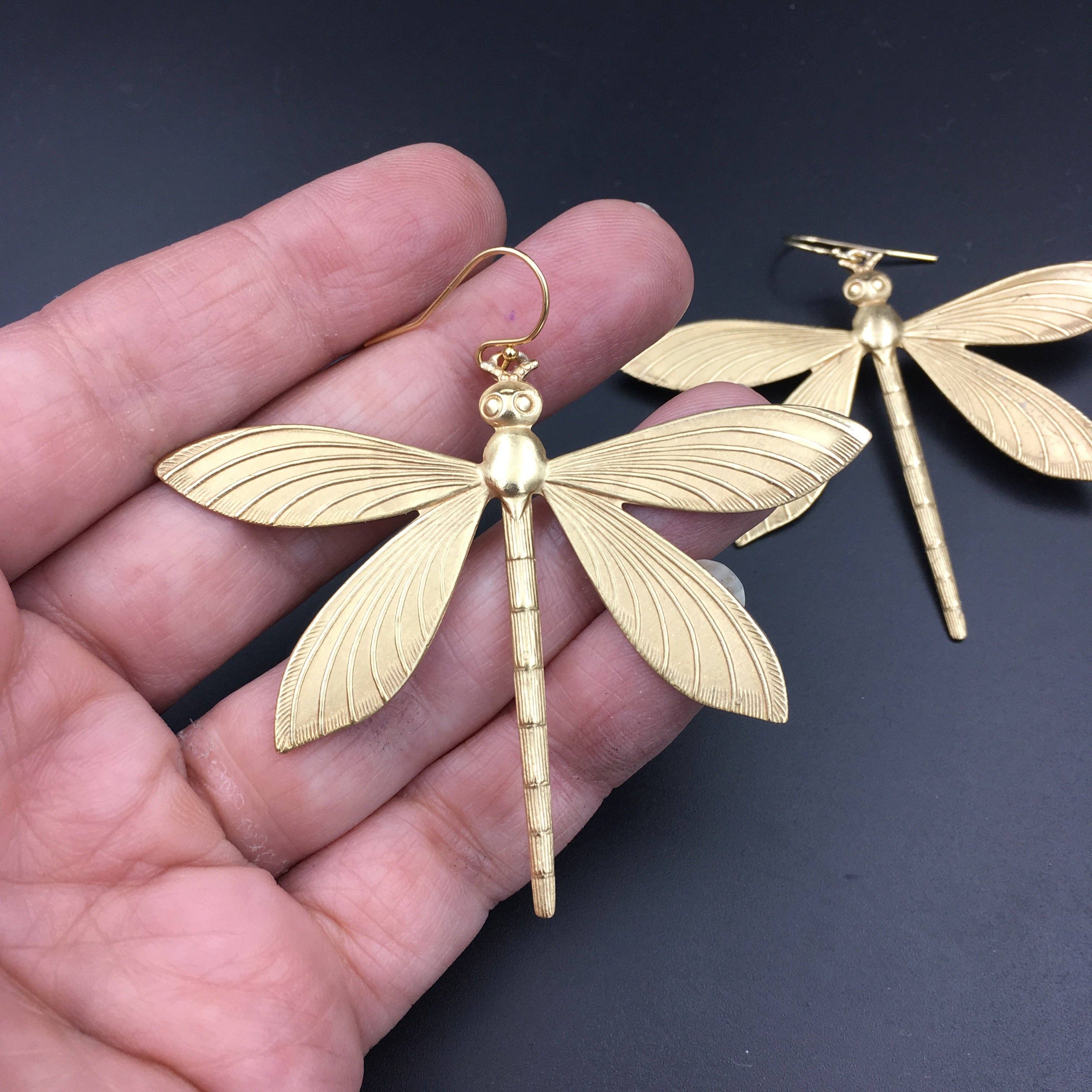 Metal Cloth & Wood - Wholesale Dangle Earrings - Brass Dragonfly Insect Earrings -- Available in Antiqued or Bright Gold!1