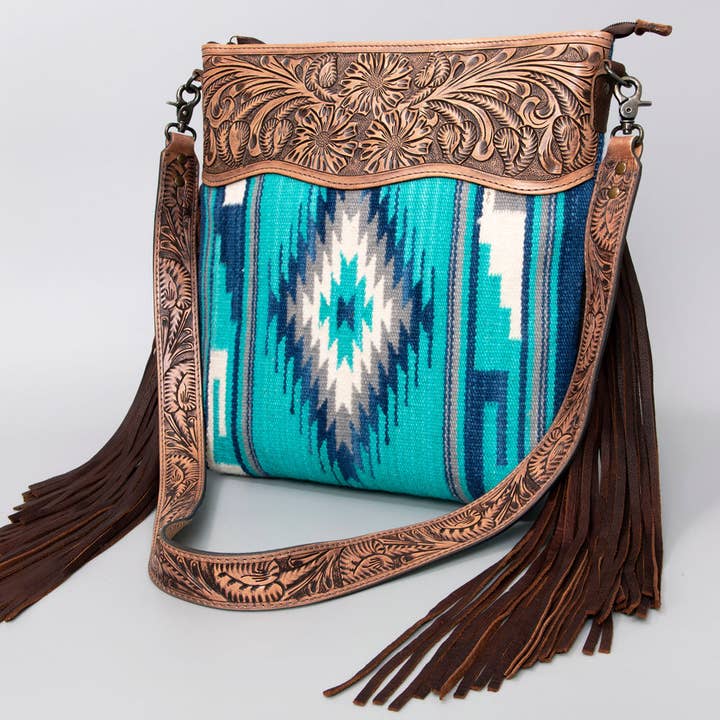 ADBG510 Tooled Leather & Saddle Blanket Crossbody Bag Jolene Western Fringe Purse by American Darling for wholesale by LS Western