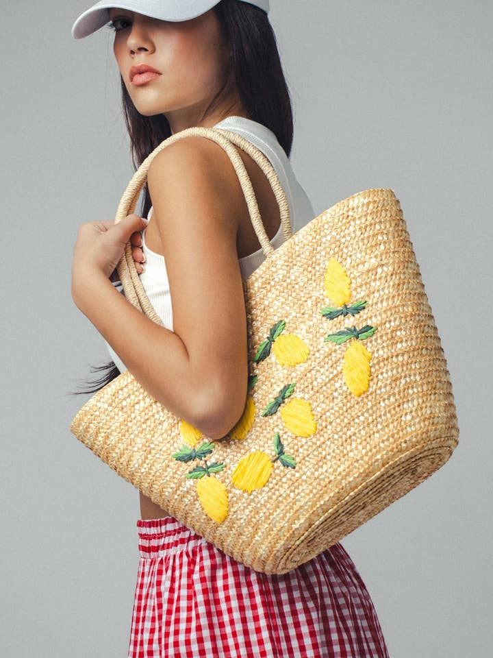 Lemon Embroidered Straw Tote Bag for wholesale by Fashion Week