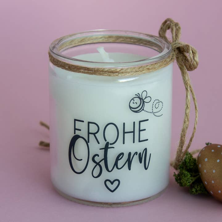 Osterkerze - Motiv Frohe Ostern mit Herz und Biene für den Großhandel von Emma's Summer