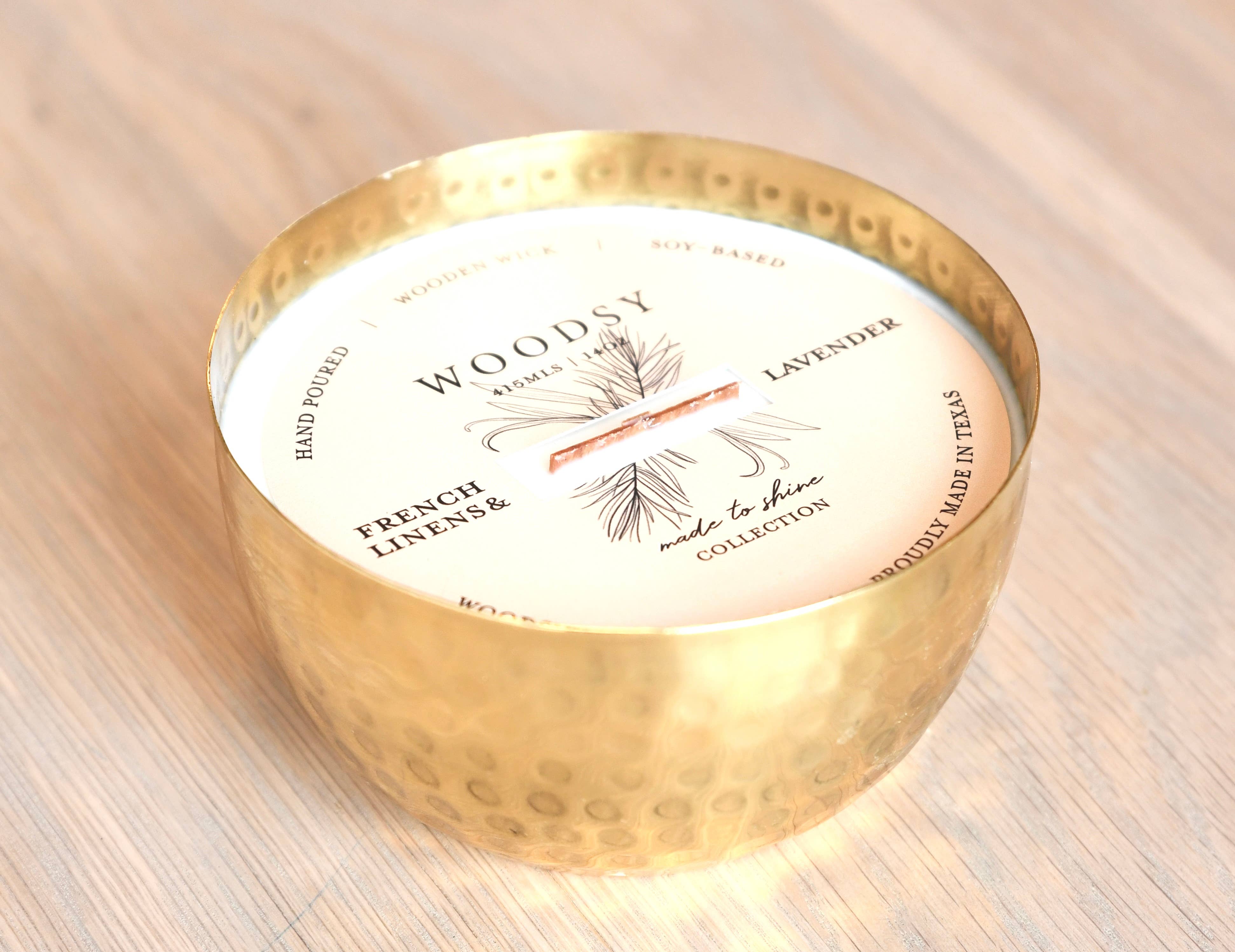 Woodsy Homelife - Wholesale Jar/Filled Candle - French Linens & Lavender-Solid Brass 14oz Pure Soy Candle1