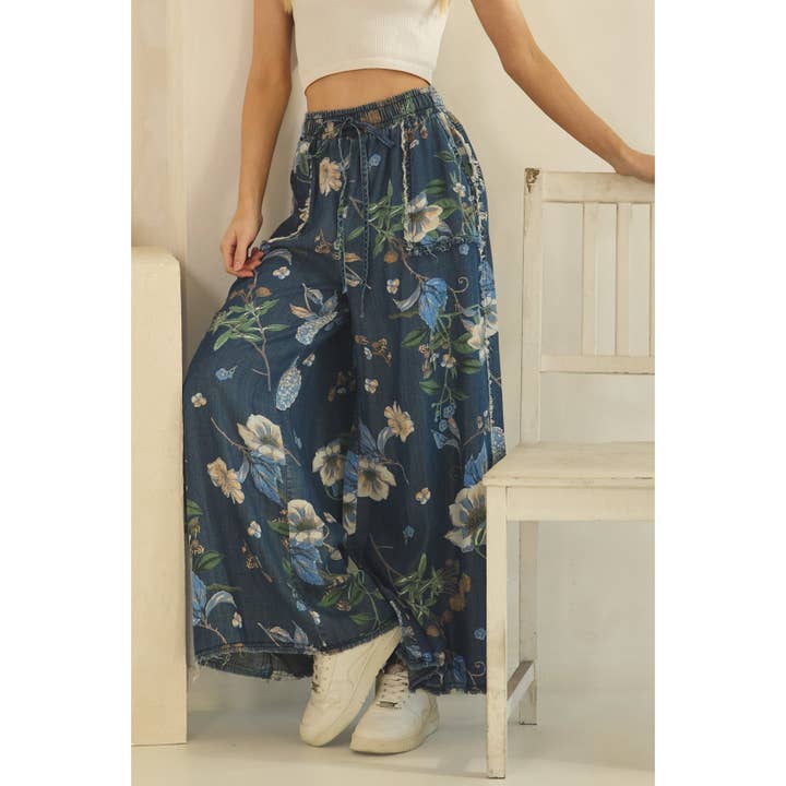 BOTANICAL PRINT WIDE-LEG DENIM PANTS (SP8272) for wholesale by Sage + Fig