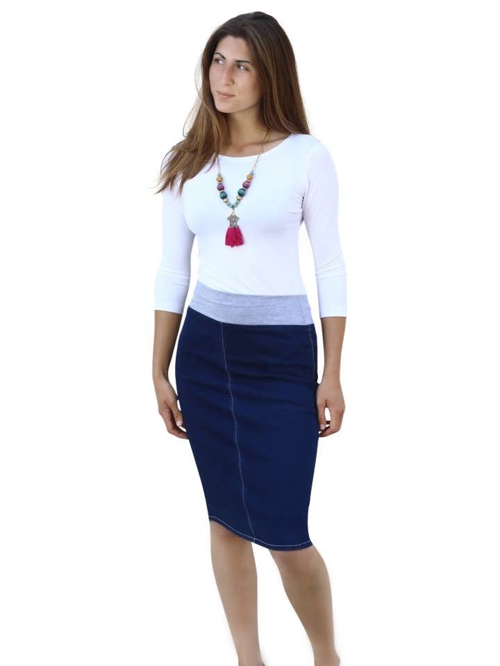 Saia de Ganga Reta para Mulher pelo Joelho com Cintura Elástica por atacado de Kosher Casual