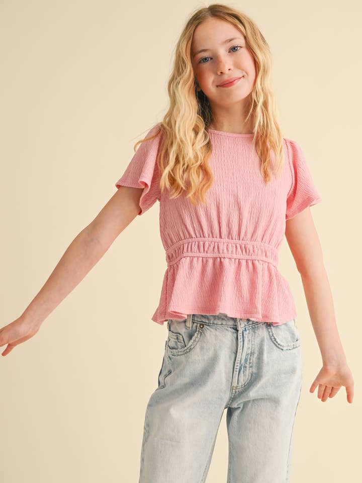 ROUND NECK FLUTTER SLV PEPLUM TOP W/ JULIETTE WAIST (7-14) for wholesale by heart and arrow