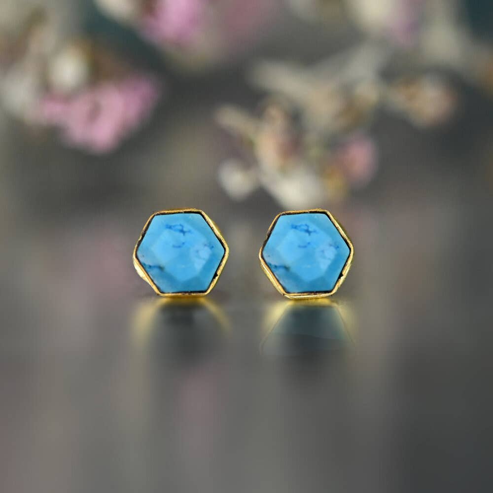KBD Studio - Wholesale Stud/Post Earrings - Semi Precious Hexagon Gemstone Studs (8mm gold)11