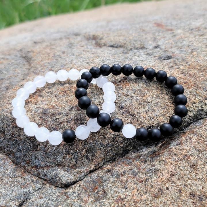 White Quartz & Onyx Yin Yang Together Apart Bracelet for wholesale by Most Radiant Beads LLC