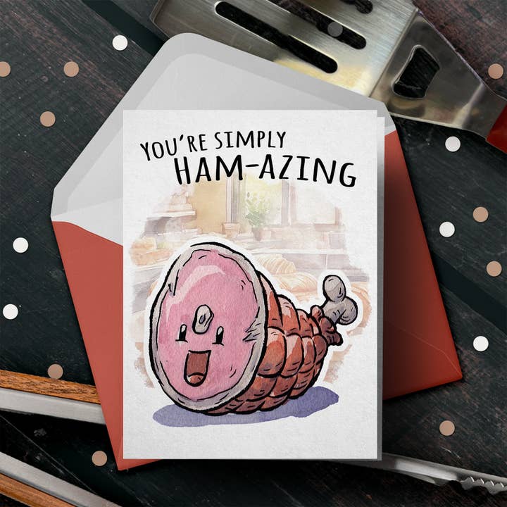"Ham-azing!" - BBQ Cook Pun Fathers Day Husband Card for wholesale by Aaron Millard Illustration