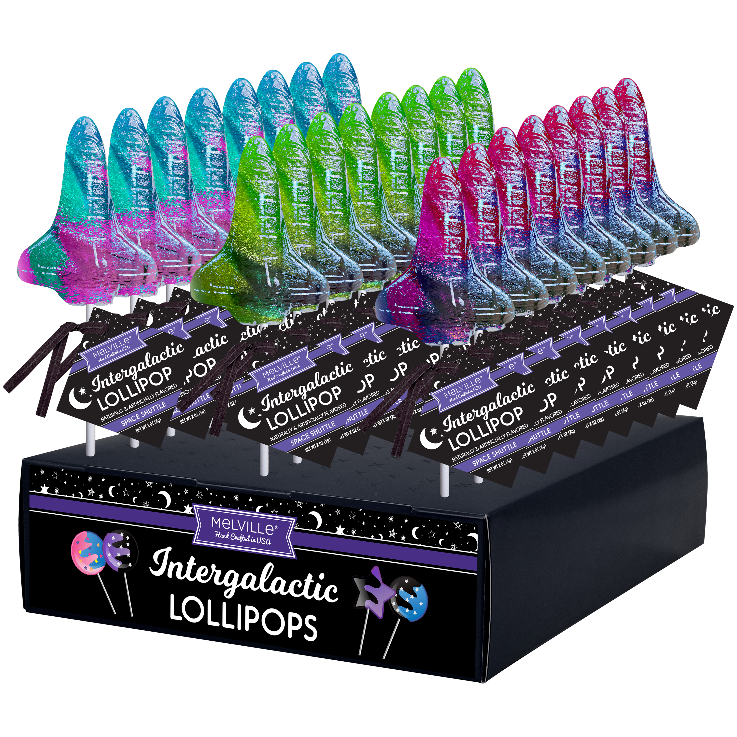 Melville Candy Company - Vente Sucettes - Sucettes Glitter Swirl Galaxy Space Shuttle - Assorties0