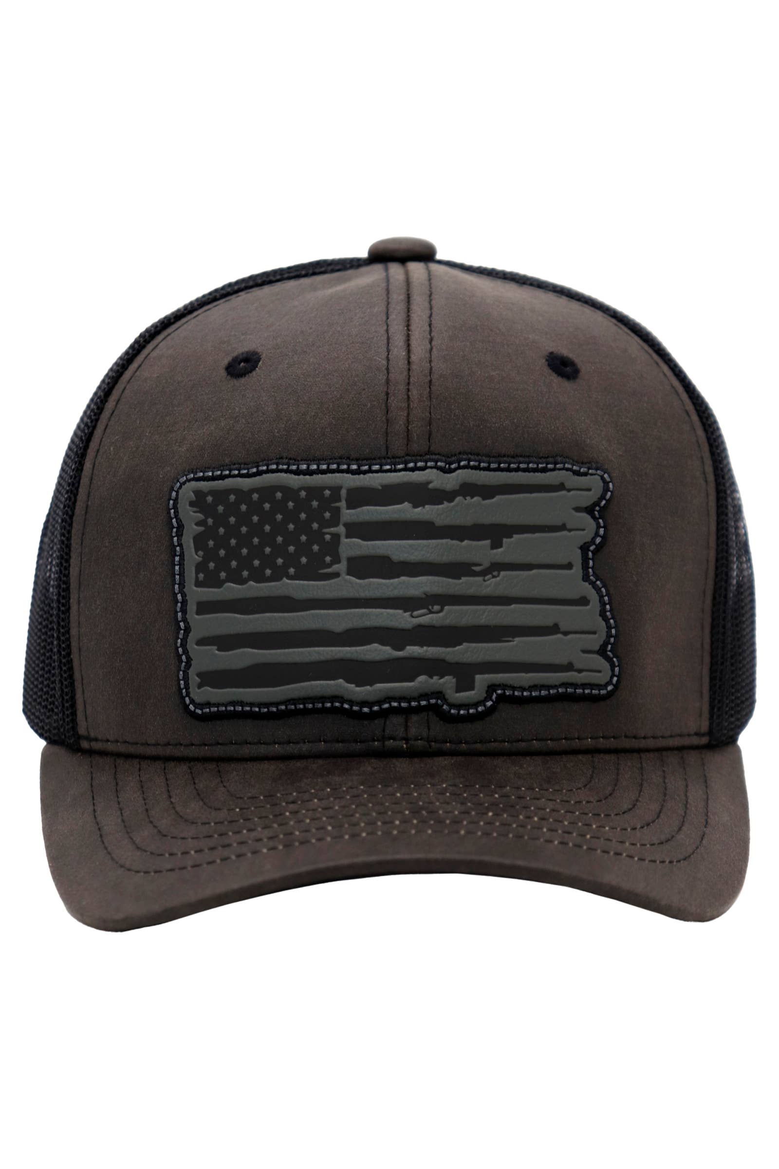 Cap Zone - Wholesale Trucker Hat - Unisex - Rifle American Flag Oiled Faux Leather Trucker Hat12