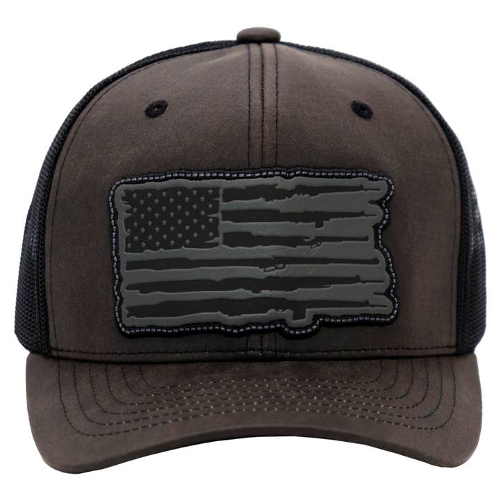 Cap Zone - Wholesale Trucker Hat - Unisex - Rifle American Flag Oiled Faux Leather Trucker Hat12