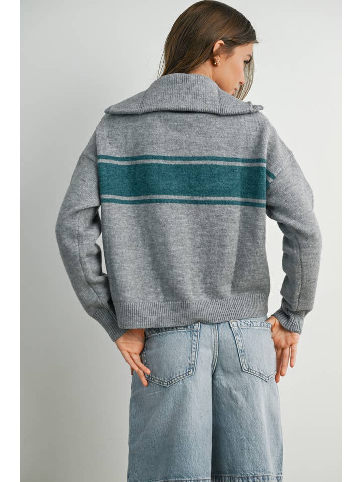 BUTTERMELON - Wholesale Cardigan - Women's - Zip-Front Collared Striped Knit Long Sleeve Top - BMC788713