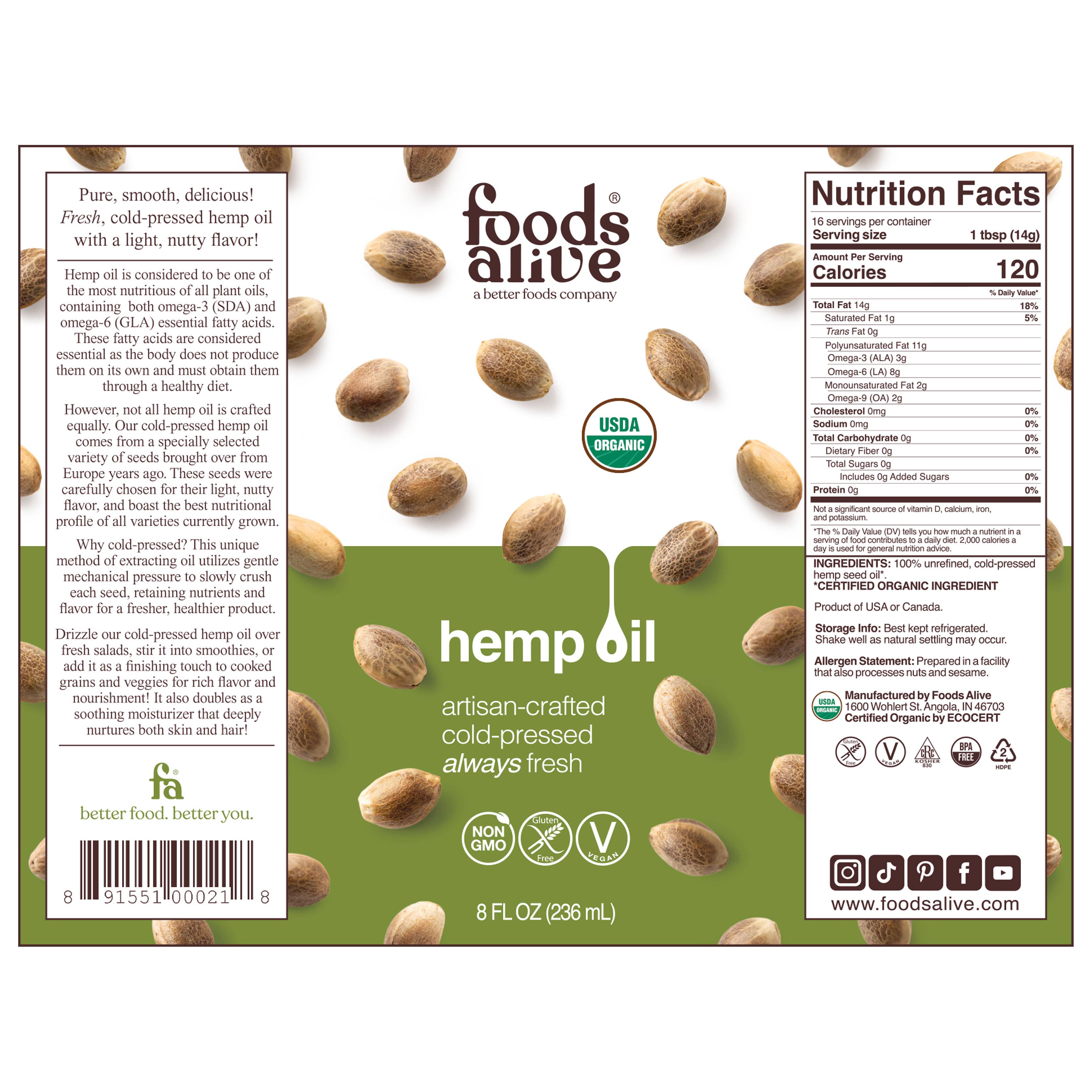 Foods Alive - Wholesale Cooking Oil - Hemp Seed Oil - Artisan Cold-Pressed, Organic4