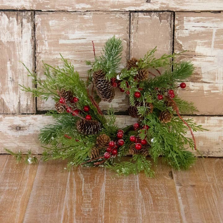 Audrey's Home & Gift - Wholesale Wreath - Candle Ring - Iced Evergreens, Red Berries, Cones (PC)