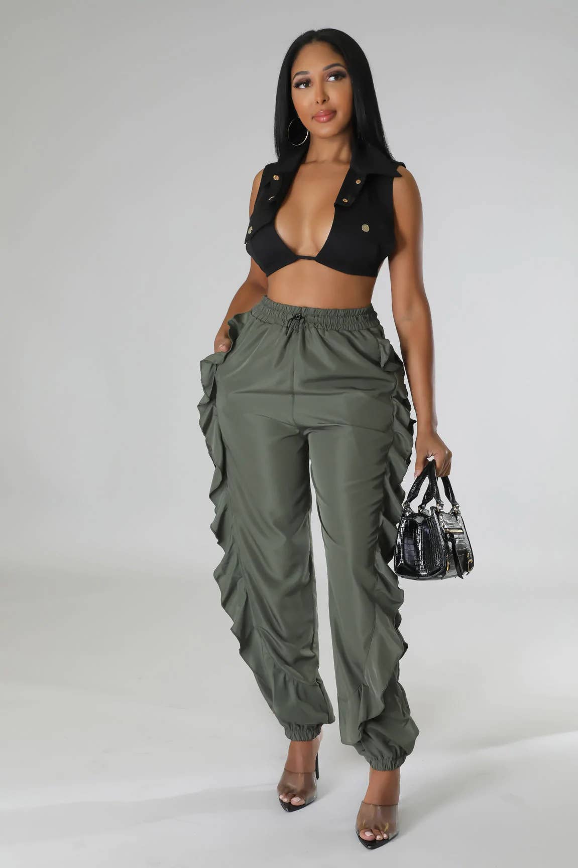 5besties inc - Wholesale Pants - Women's - DRAWSTRING WAIST RUFFLE SIDE CARGO PANTS12