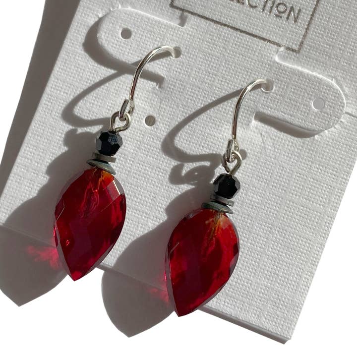 BIRDSONG 14 - RED GLASS EARRINGS, JET CRYSTAL ACCENTS for wholesale by Owen Glass Collection