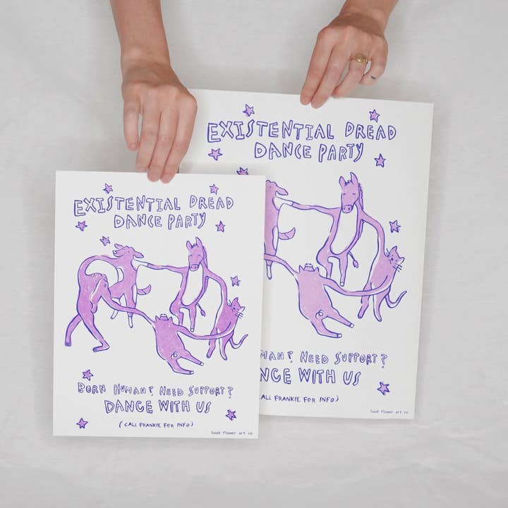 Existential Dread Dance Party Risograph Poster for wholesale by Loud Flower Art Co