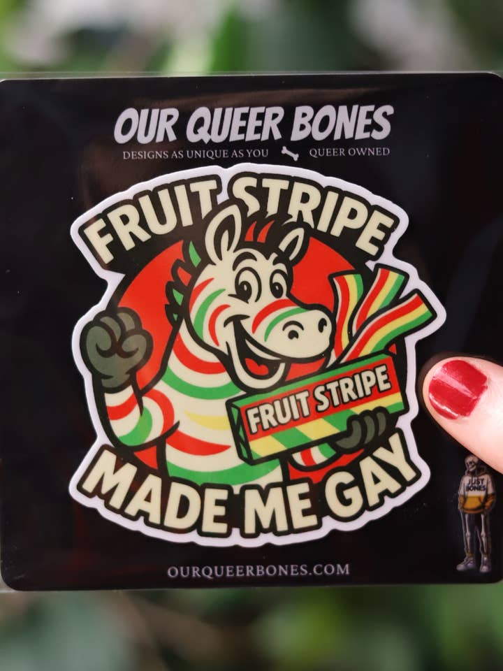 Fruit Stripe Made Me Gay Humorous Sticker - LGBTQ+ Sticker for wholesale by Our Queer Bones