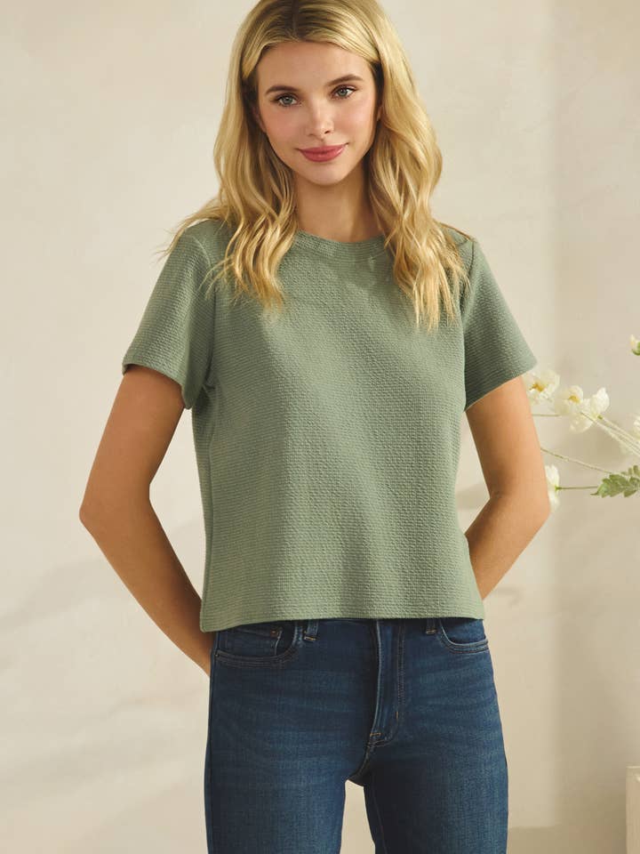 T-41214-CLOUDY KNIT ROUND NECK CROP S/S TOP for wholesale by Tres Bien, Inc