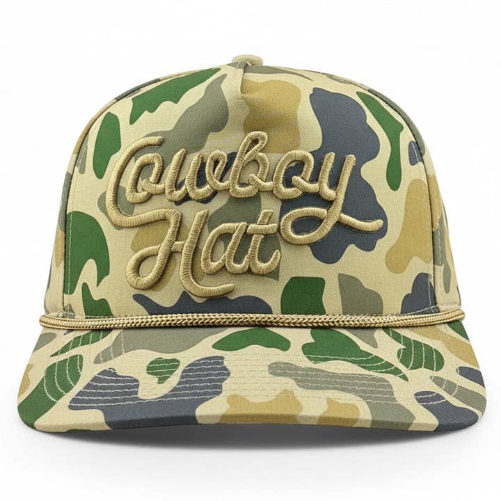 Duck Camo Script “Cowboy Hat” - 5-panel Trucker Hat for wholesale by Cowboy Revolution Apparel Co.