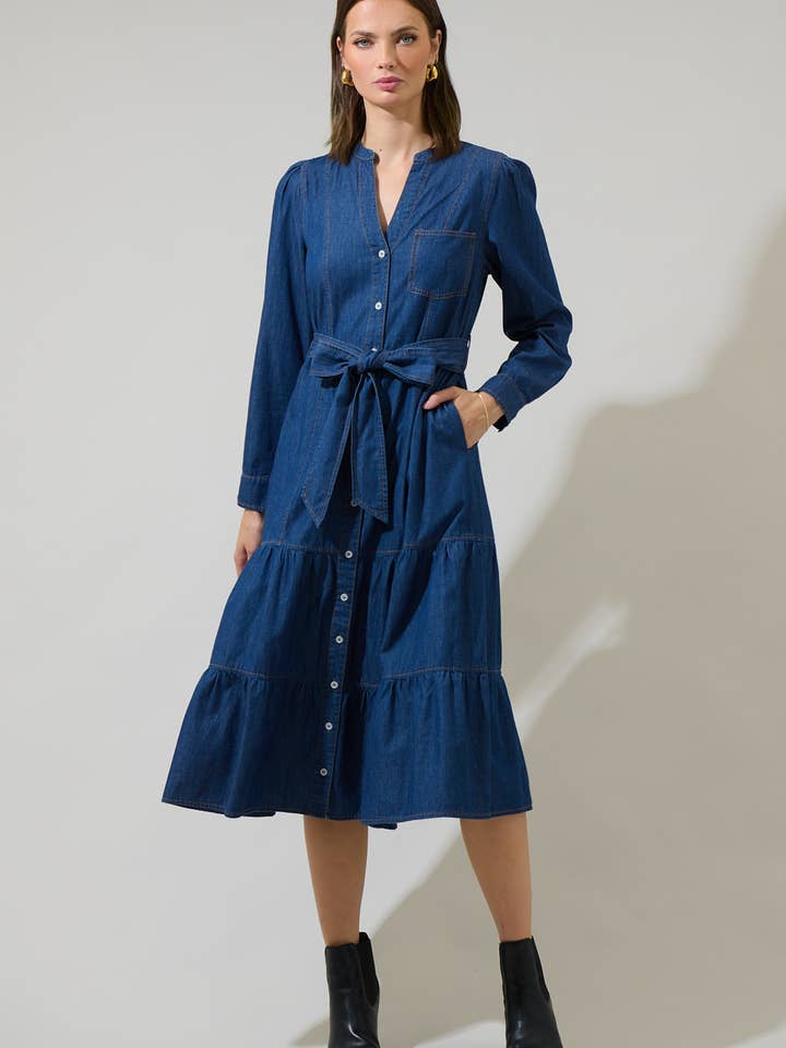 Skylah Denim Tiered Midi Dress for wholesale by Sugarlips