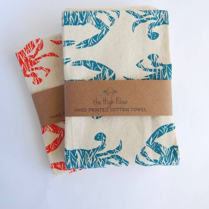 The High Fiber - Wholesale Tea Towel - Crab Handprinted Kitchen Towel, Coastal Tea Towel, Blue Crab