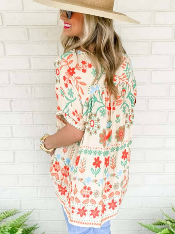 APRICOT CWTBLS1401_VINTAGE PRINTED SHORT-SLEEVED CHIFFON TOP for wholesale on Faire