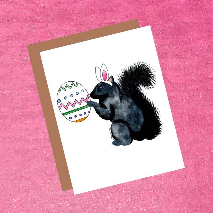 Carte de vœux Black Squirrel - Lapin de Pâques avec œuf de Pâques pour la vente par Tiffany Ascensio Designs | Watercolor Greeting Cards