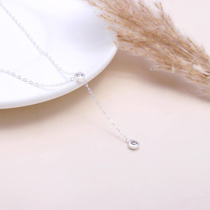 The Double Solitaire: Minimalist Y-Drop Lariat Necklace for wholesale by AG 925 JEWELLERY