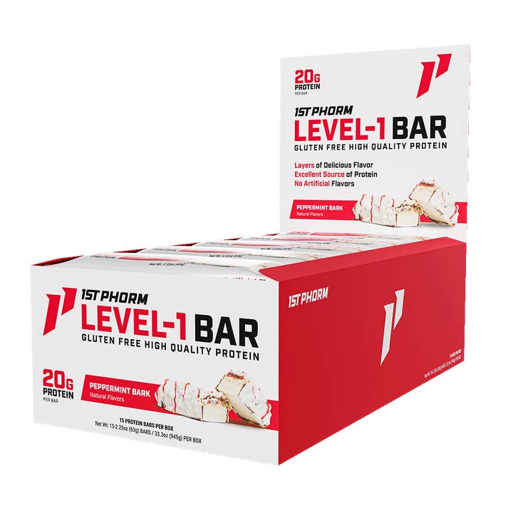 Level-1 Protein Bar, Peppermint Bark - 15 Bars/Carton, 6 Cartons (90 Bars) for wholesale by 1st Phorm