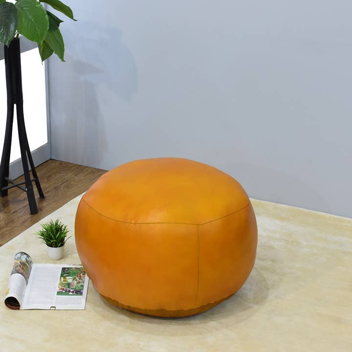 BBH Homes LLC - Wholesale Pouf - Solid Handmade Leather Round Pouf Mustard Color BBH Homes5