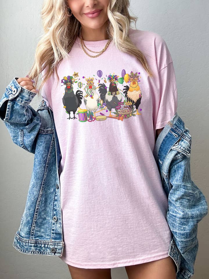 SONDO DESIGN LTD – wholesale Tunic – Women’s – Mardi Gras Chickens Shirt, Mardi Gras Farm Animal Tshirt1