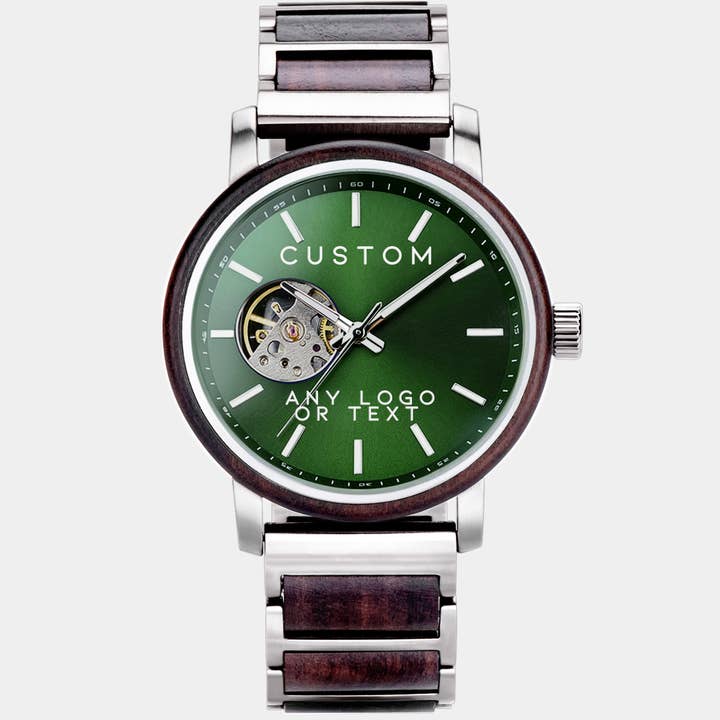 AlderWood Mens Green Face Automatic Watch - Custom Wood Watch For Men for wholesale by Engraved In Nature