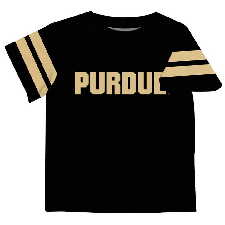 Purdue University Boilermakers Black T-shirt Stripes Sleeves for wholesale by Vive La Fete