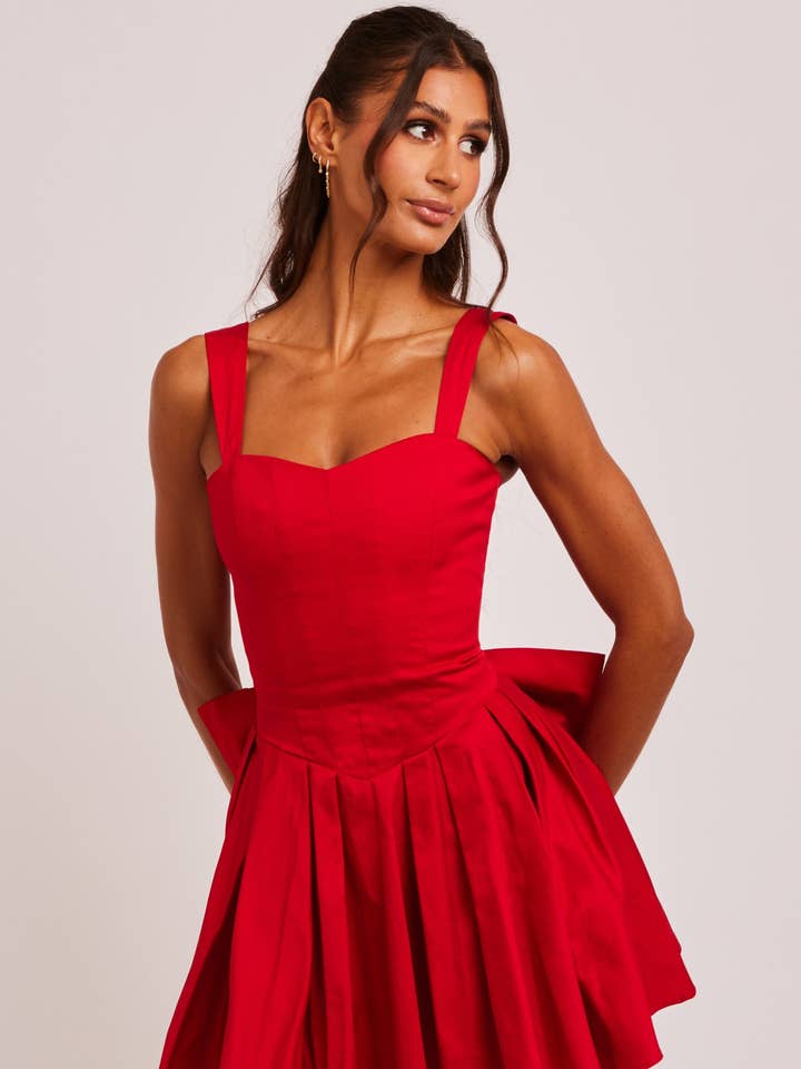 Rosie Red Sweetheart Bow Detail Box Pleat Mini Dress for wholesale by Jaded Rose