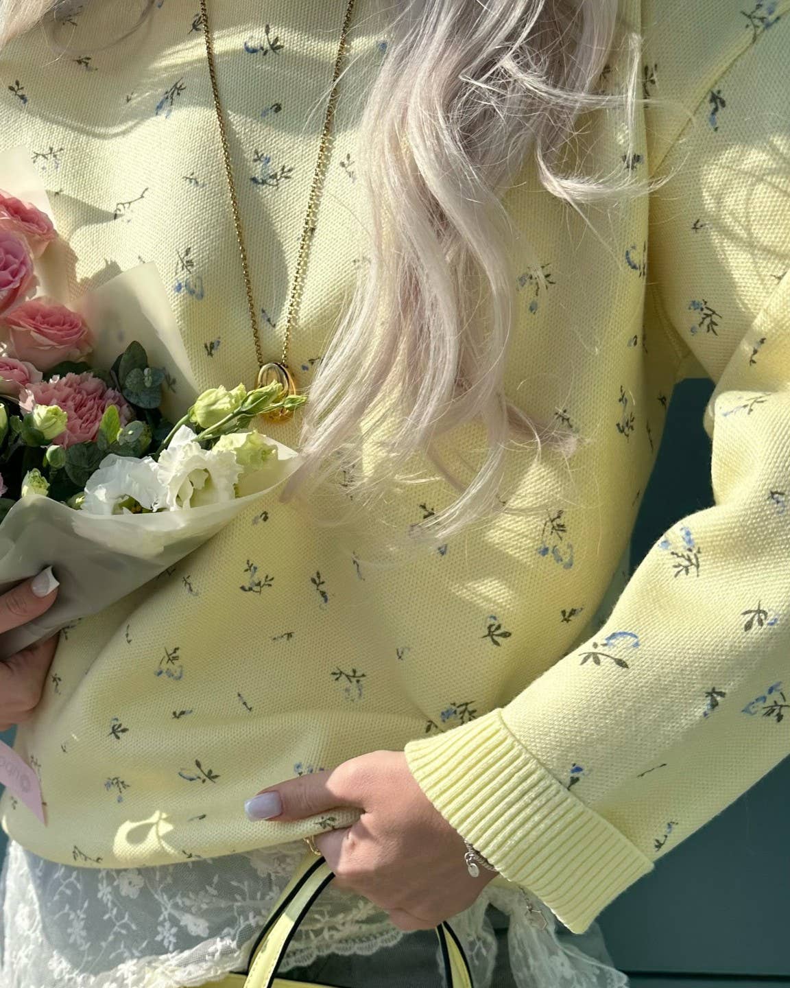 Yellow Cozy Floral Round Neck Loose Knit Sweater for wholesale on Faire1