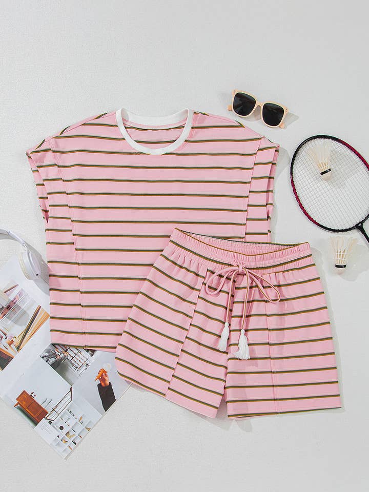Pink Stripe Wide Short Sleeve Tee and Short Set for wholesale on Faire