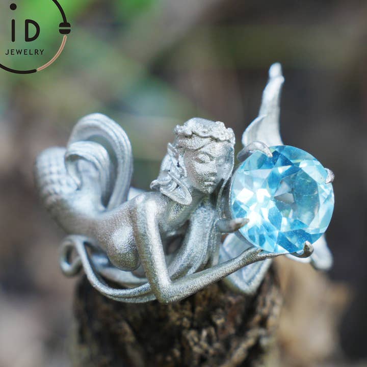 925 Silver Ring with Blue Topaz, Handmade Mermaid Jewelry in Gothic Vintage Style, Gift for Women Birthday Christmas for wholesale by idjewelry