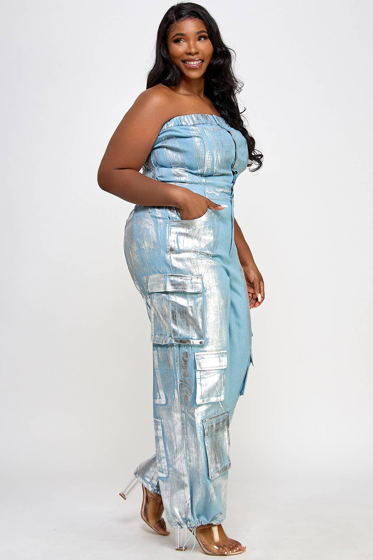 Namatt Design - Venta al por mayor Peto - Mujer - Mono de mezclilla cargo con recubrimiento vintage metálico y top tubo para tallas grandes7