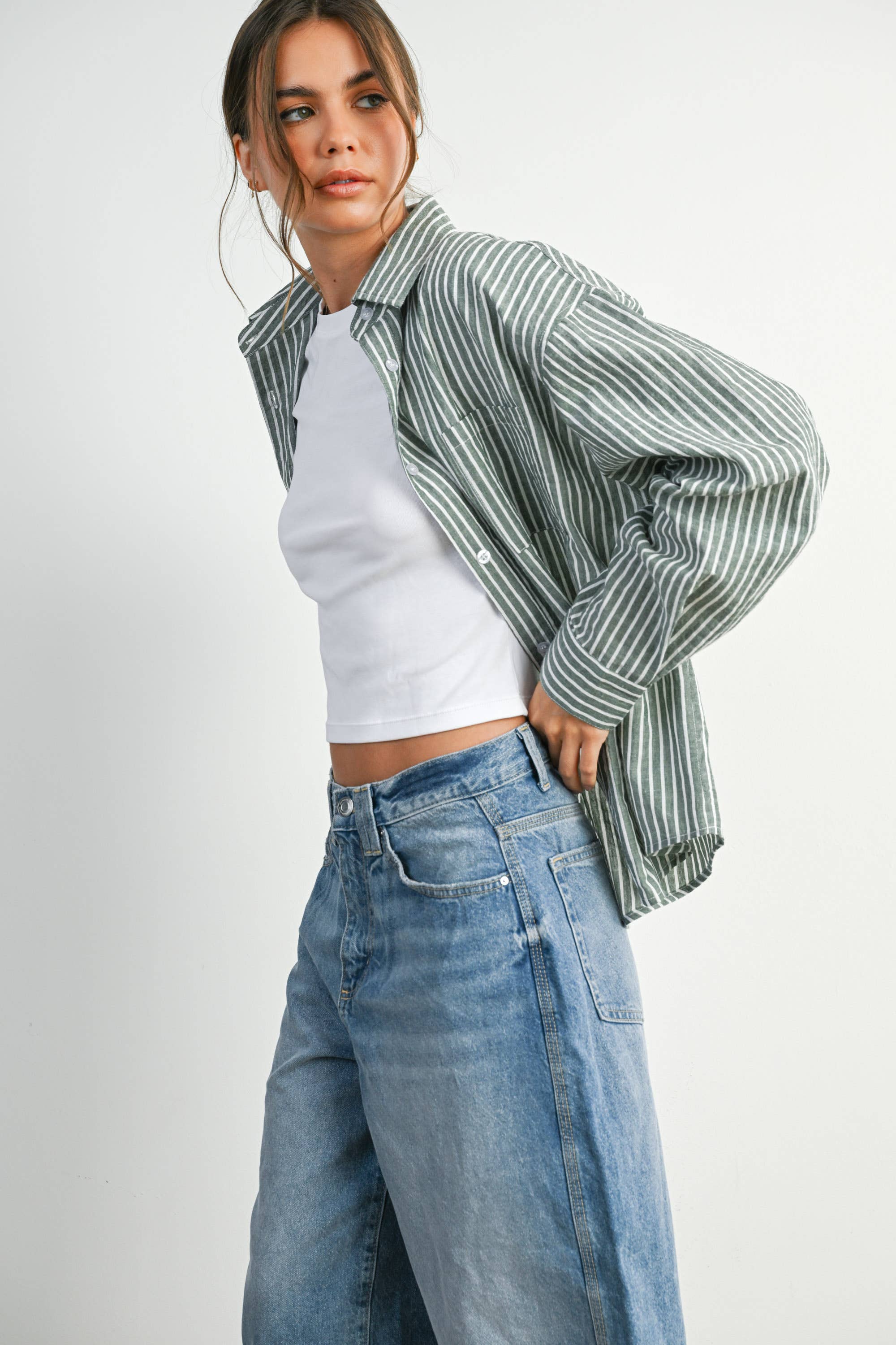 BUTTERMELON - Vente Chemise à col boutonné – femme - Haut à manches longues à rayures et col boutonné raccourci - BMT791540