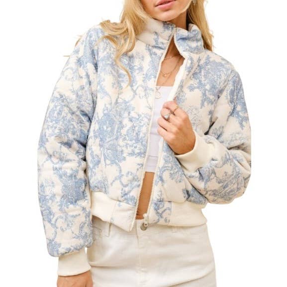 Embrace Cozy Chic with Toile Inspired Corduroy Puffer Crop J for wholesale by Blue Bunny Inc