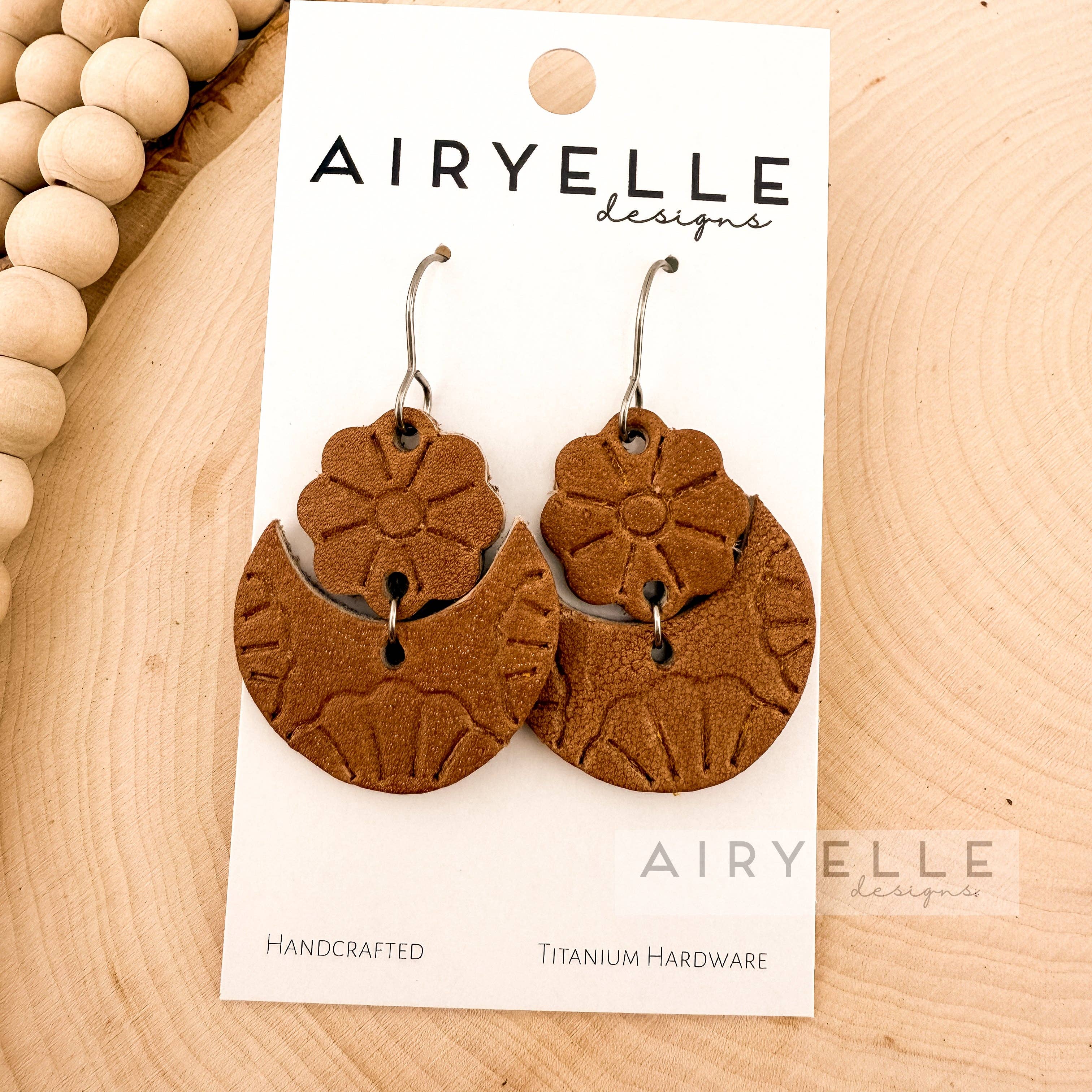 Airyelle Designs - Wholesale Dangle Earrings - Tooled Floral Camel Brown Leather Earrings0