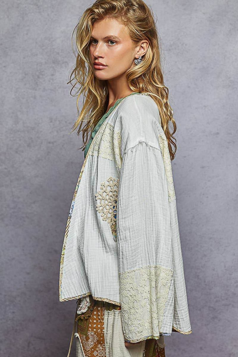 Pol Clothing - Wholesale Cardigan - Women's - Long sleeve double gauze crochet patch cardigan woven top6