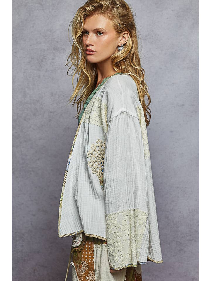 Pol Clothing - Wholesale Cardigan - Women's - Long sleeve double gauze crochet patch cardigan woven top6