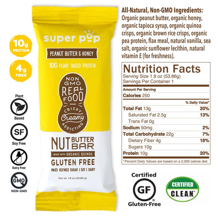 Super Pop Snacks - Deliciously Soft & Crispy Nut Butter Bars - Wholesale Snack Bar - Super Pop - Peanut Butter and Honey Bar (12 pack)
