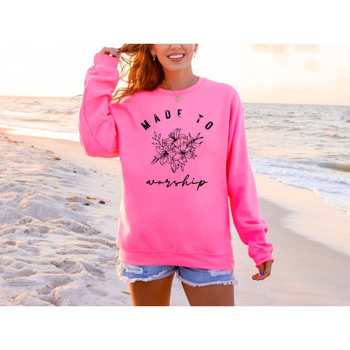 New Pink Made To Worship Spring Christian Graphic Sweatshirt for wholesale by Fox and Owl Apparel-Graphic Tee's