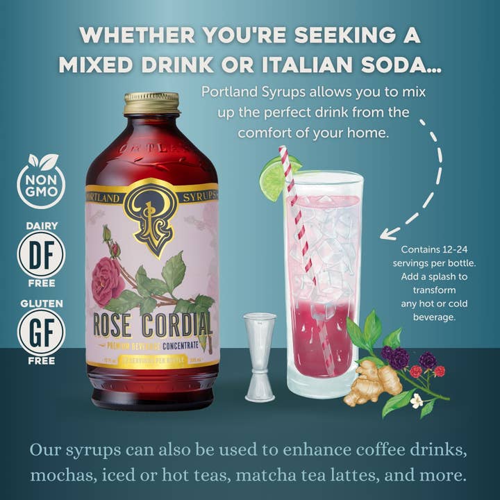 Portland Syrups - Vente Mélange/sirop pour cocktails - Sirop Cordial à la Rose 12oz - Mélangeur à cocktail/boisson sans alcool