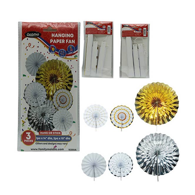 Paper fans 3 pack 14" length 10" diameter gold silver for wholesale by Deluxe Import Trading