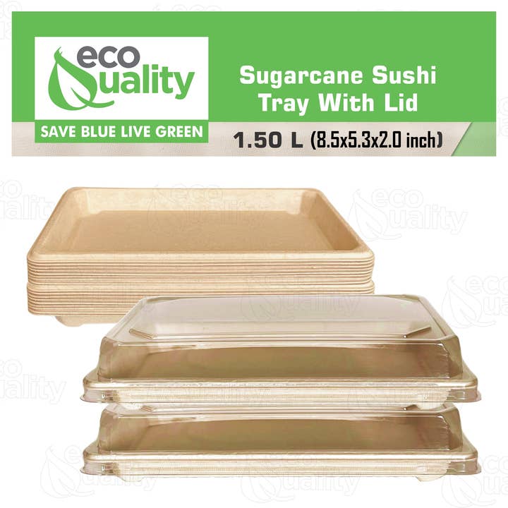 EcoQuality – wholesale Serving tray – 1.5L X-Large Compostable Natural Sugarcane Sushi Trays with Lids