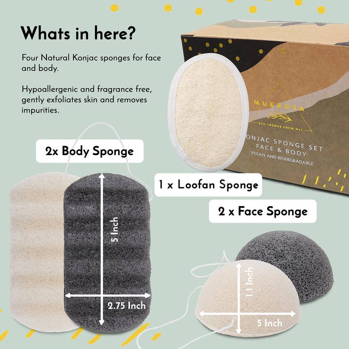 Konjac Sponge Set FACE & BODY | Four Natural Konjac sponges for wholesale by Muerosa LLC