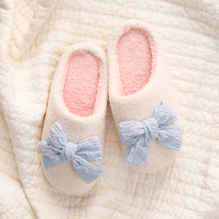 Fuzzy Slippers-Betty Bow Light Blue (Mixed - 2 S/M and 2 M/L for wholesale by The Darling Effect